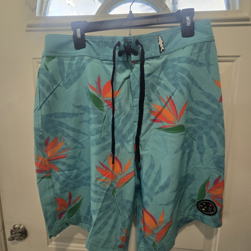 Maui and Sons Men's Aqua and Orange Floral Hybrid Shorts